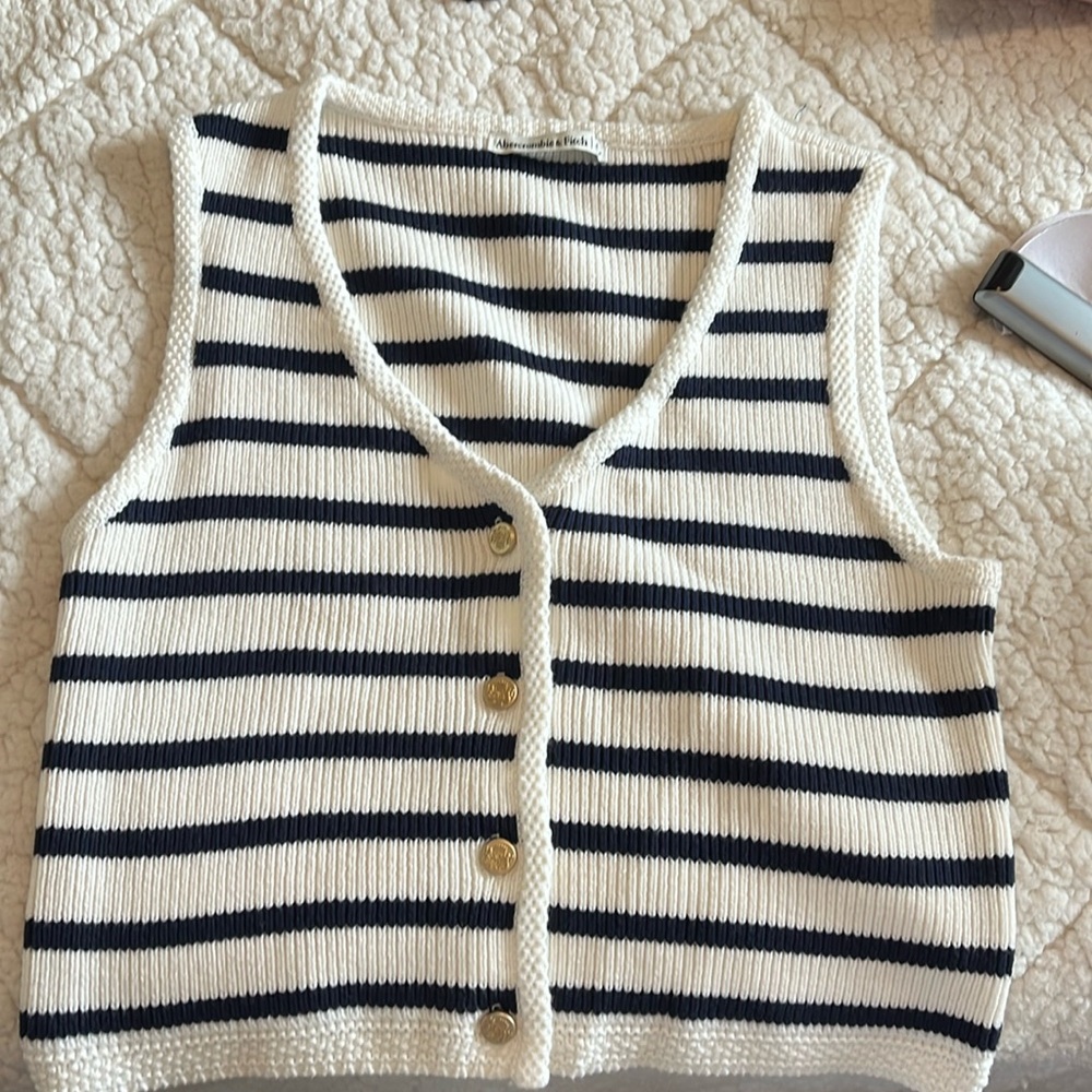 Abercrombie & Fitch Navy and White Striped Knit Button-Front Tank